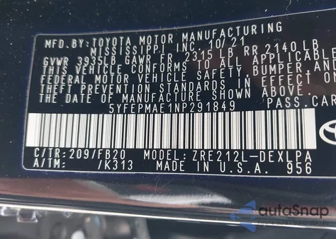 2022 Toyota Corolla Le from USA, damaged, VIN 5YFEPMAE1NP291849